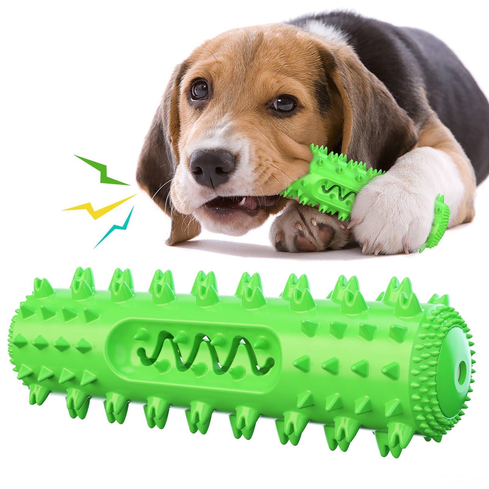 Green spiked dental toothbrush teething toy with ridged cleaning channel