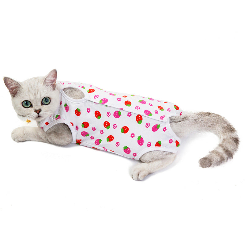 White cat shirt with colorful fruit pattern and short sleeves