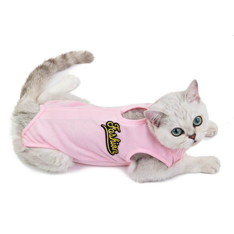 Pink sleeveless cat shirt with gold logo graphic