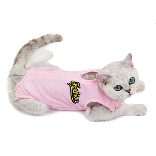 Pink cat shirt with short sleeves and gold logo patch at the chest