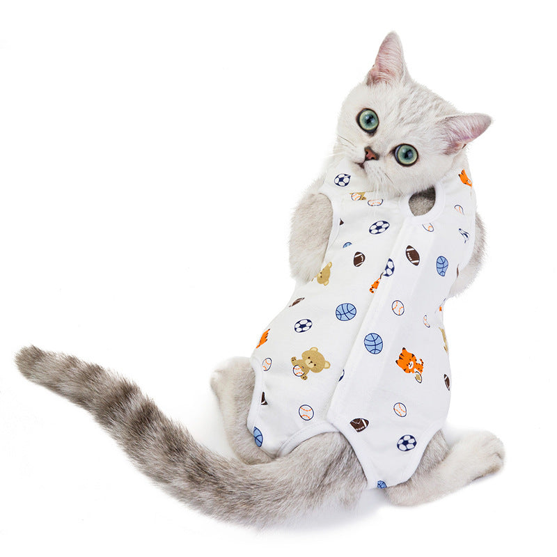 White cat jumpsuit with soccer and animal graphics and short sleeves