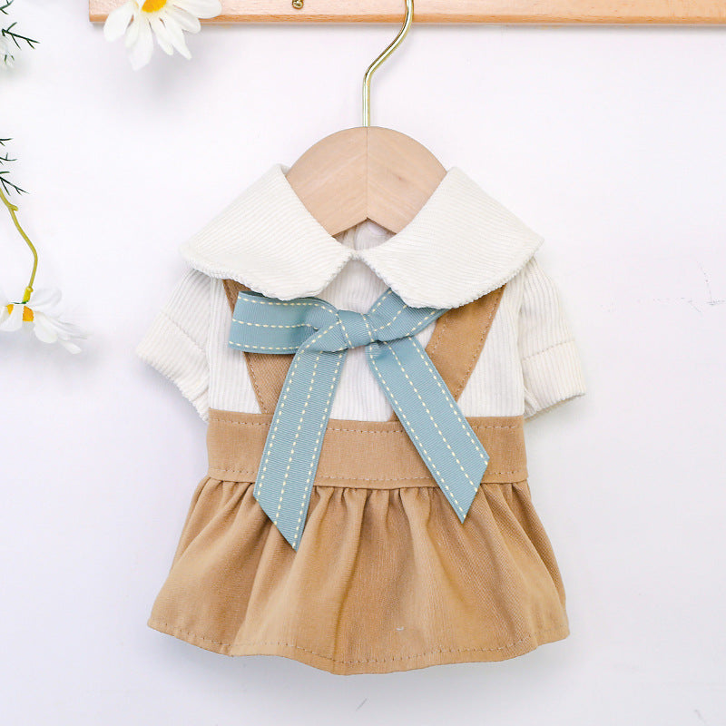 Dog and cat dress: white collar, khaki skirt, light-blue neck bow