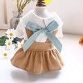 Dog and cat dress: white knit back, khaki skirt, light-blue neck bow
