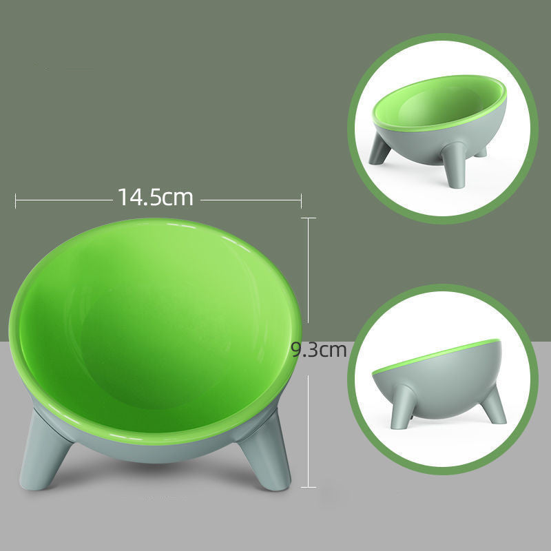 Green pet feeding bowl with blue legs and shallow raised stand