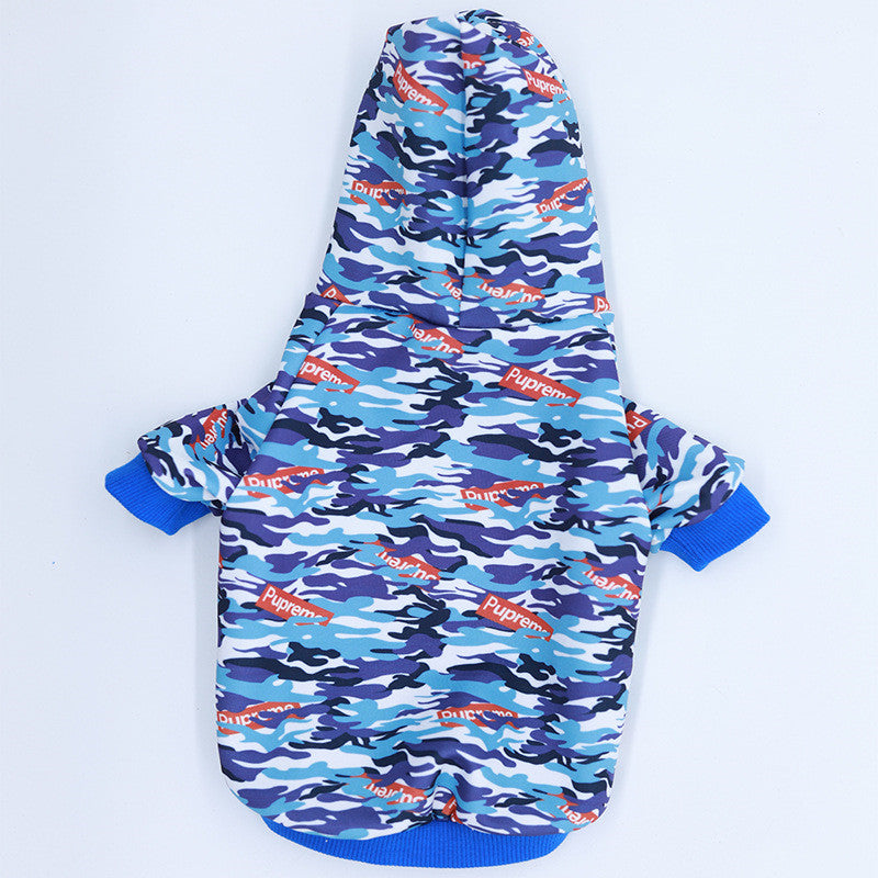 Blue camouflage pet hoodie with hood and multicolor logo print, front view.
