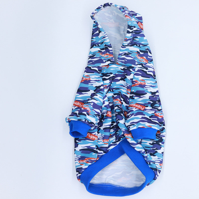 Blue camouflage pet hoodie with hood, logo print and blue ribbed hem opening.