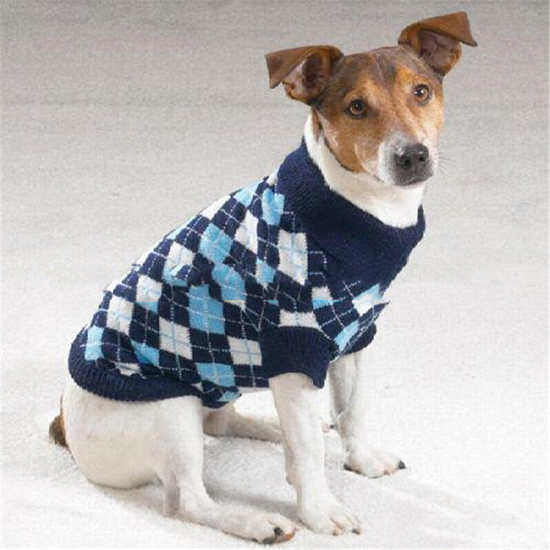 Knit pet sweater in navy with blue-and-white plaid front and ribbed collar