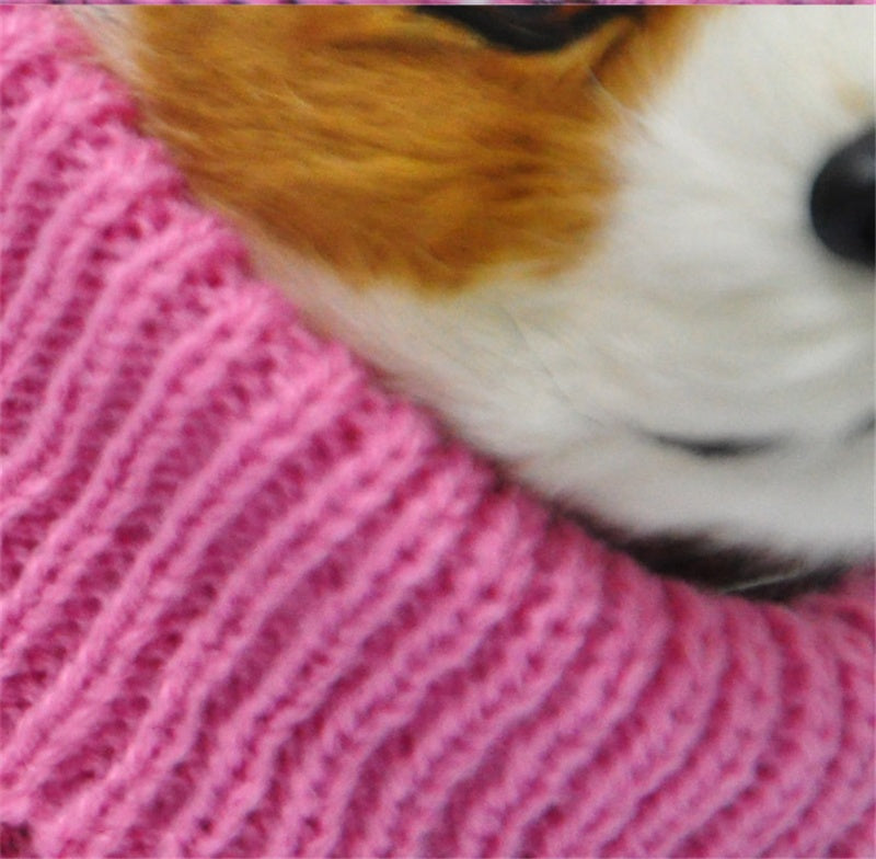 Pink knit pet sweater close-up with ribbed turtleneck and soft texture