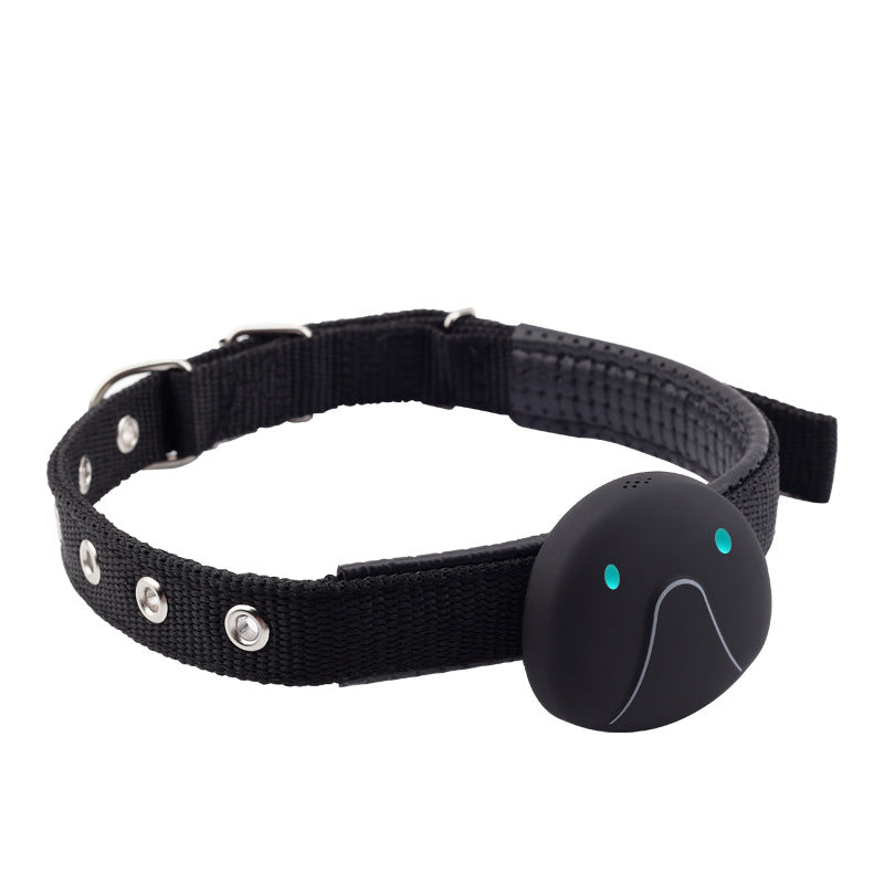 Black pet positioning collar with dark locator module, adjustable strap and metal snaps