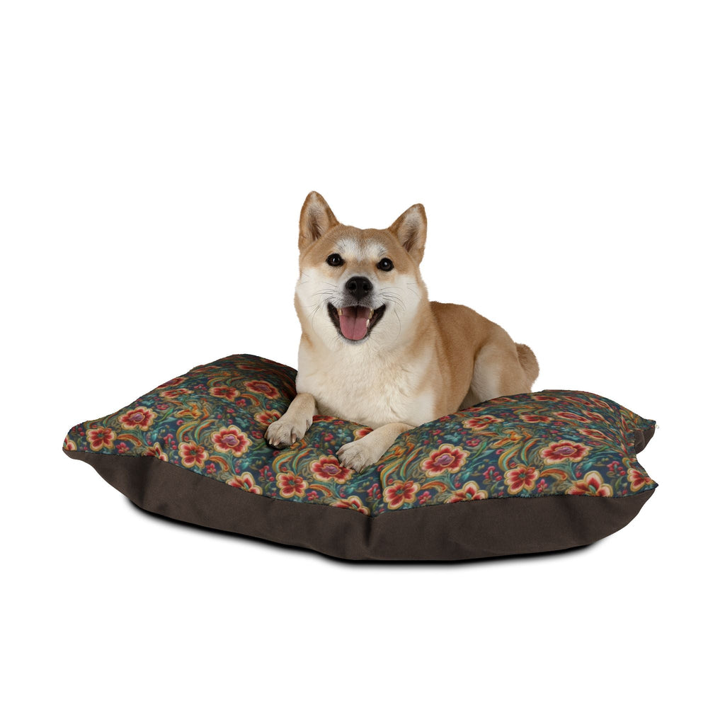 Crimson Blossoms on Teal Vintage Brocade Pet Bed — Coral Fleece, Removable Cover, 40" × 30"