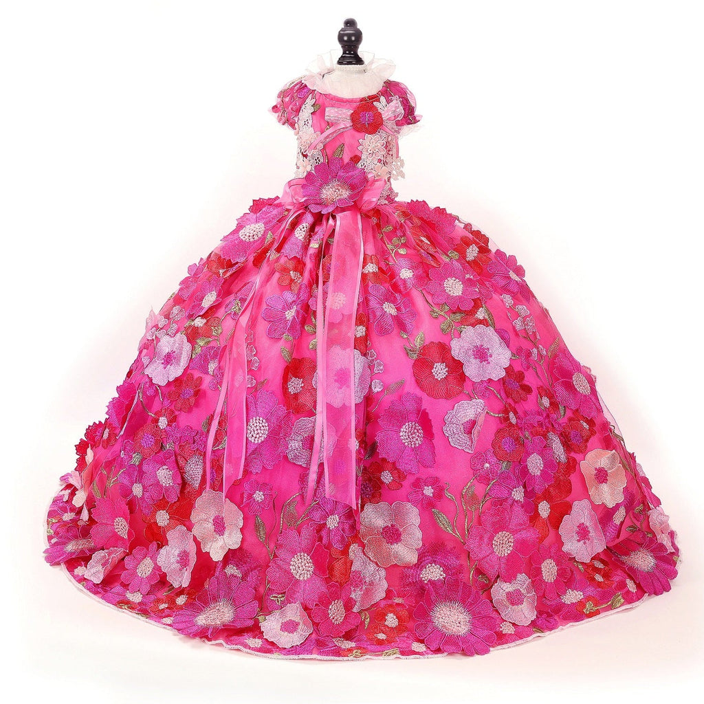 Handmade Rosy Bloom Princess Couture Dog Dress – Hot Pink Floral Embroidery Wedding Gown with Long Train