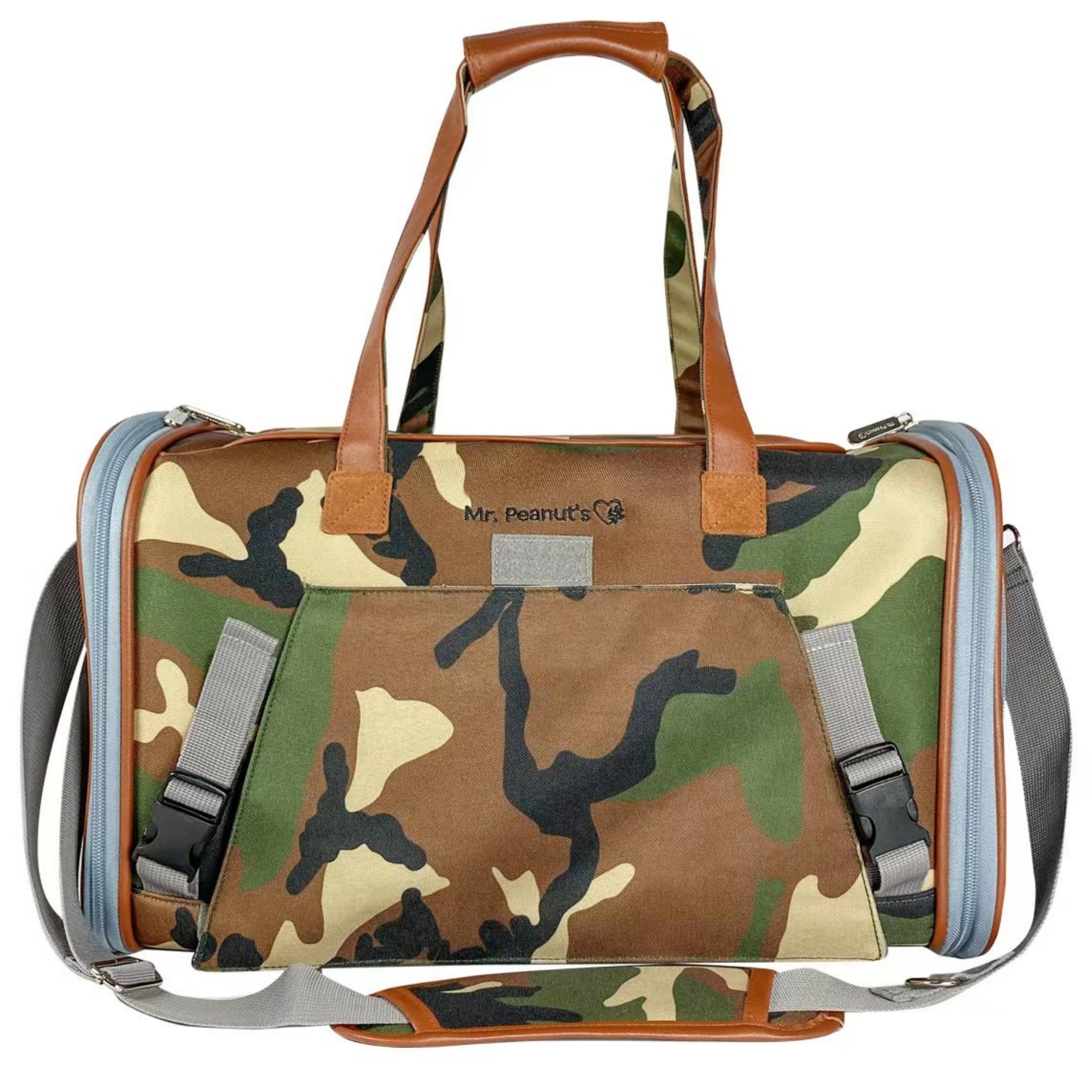 Expandable pet carrier with camo print body, front zip, and padded shoulder straps.