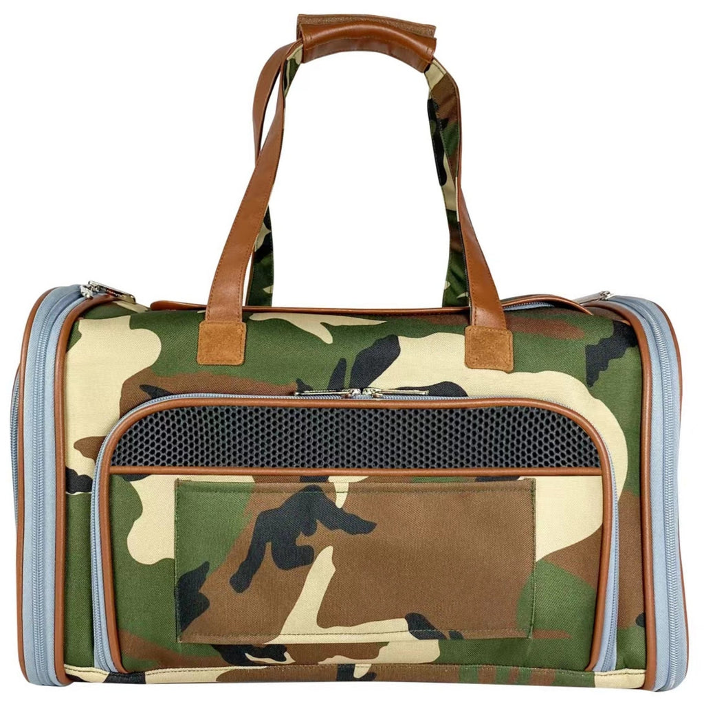Expandable pet carrier with camo print, front mesh window and padded handle