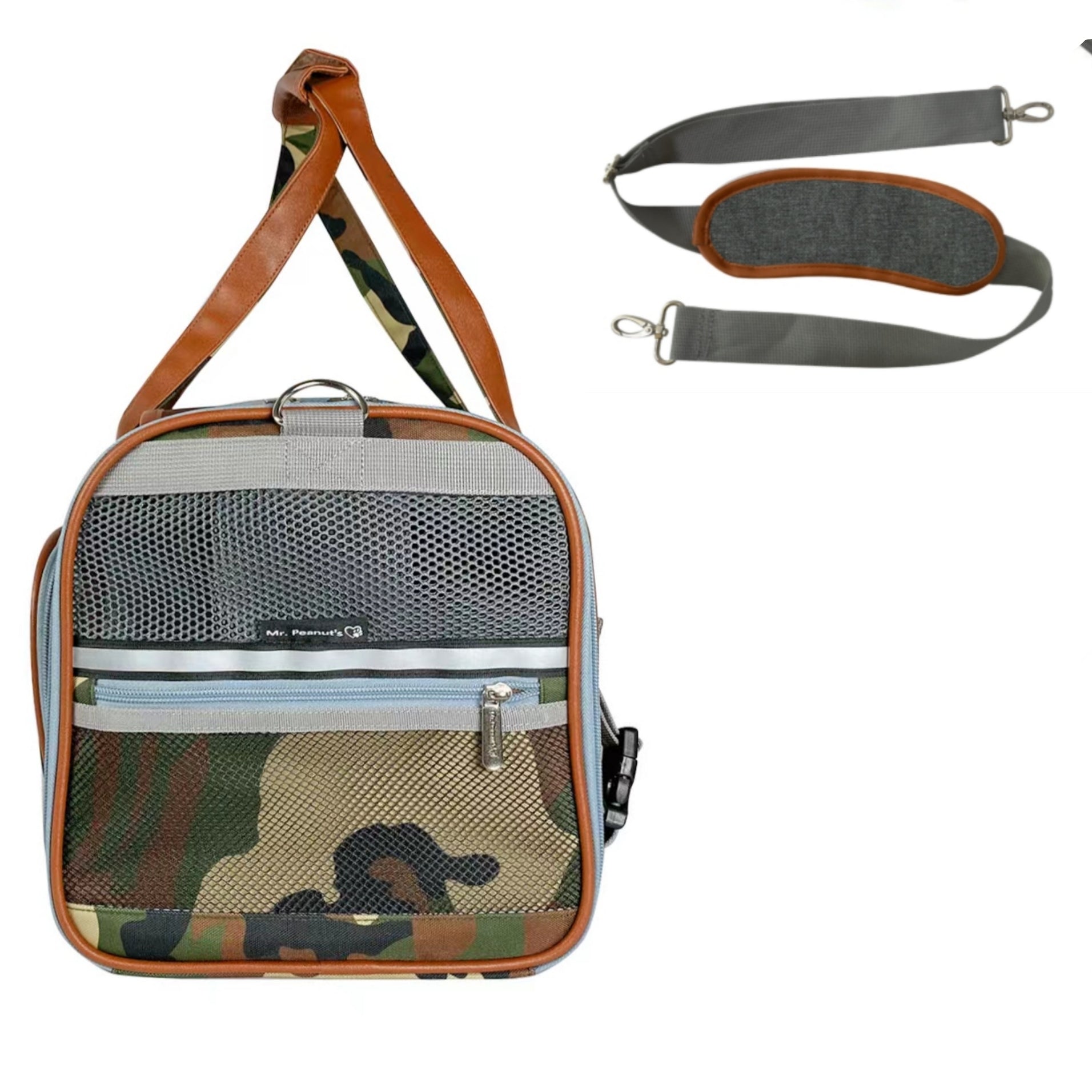 Expandable pet carrier with camo mesh front panel and two grey shoulder straps.