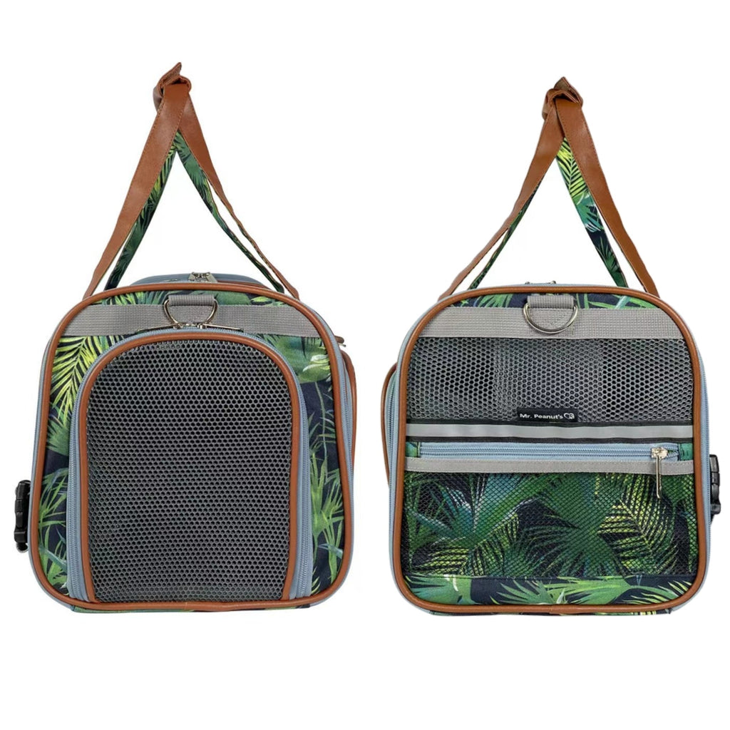 Expandable pet carrier with front and side mesh panels, camo and palm-print accents.