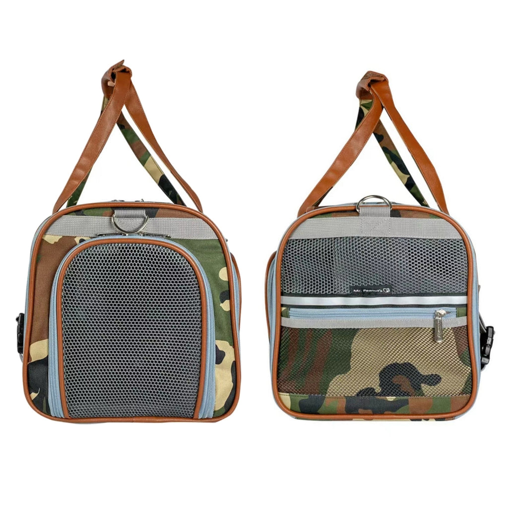 Expandable pet carrier with two mesh views and zip pocket on camo print front.