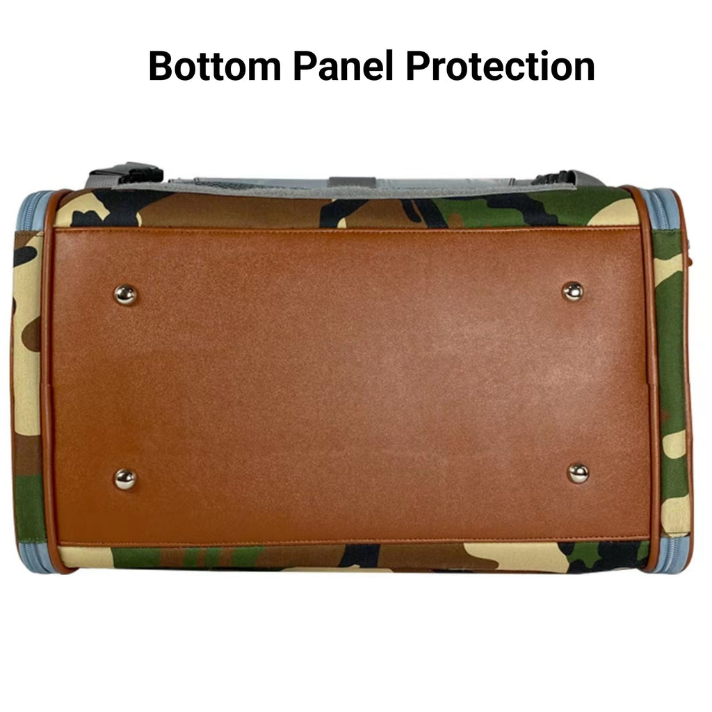 Expandable pet carrier bottom panel with camo print and reinforced leather-look base.