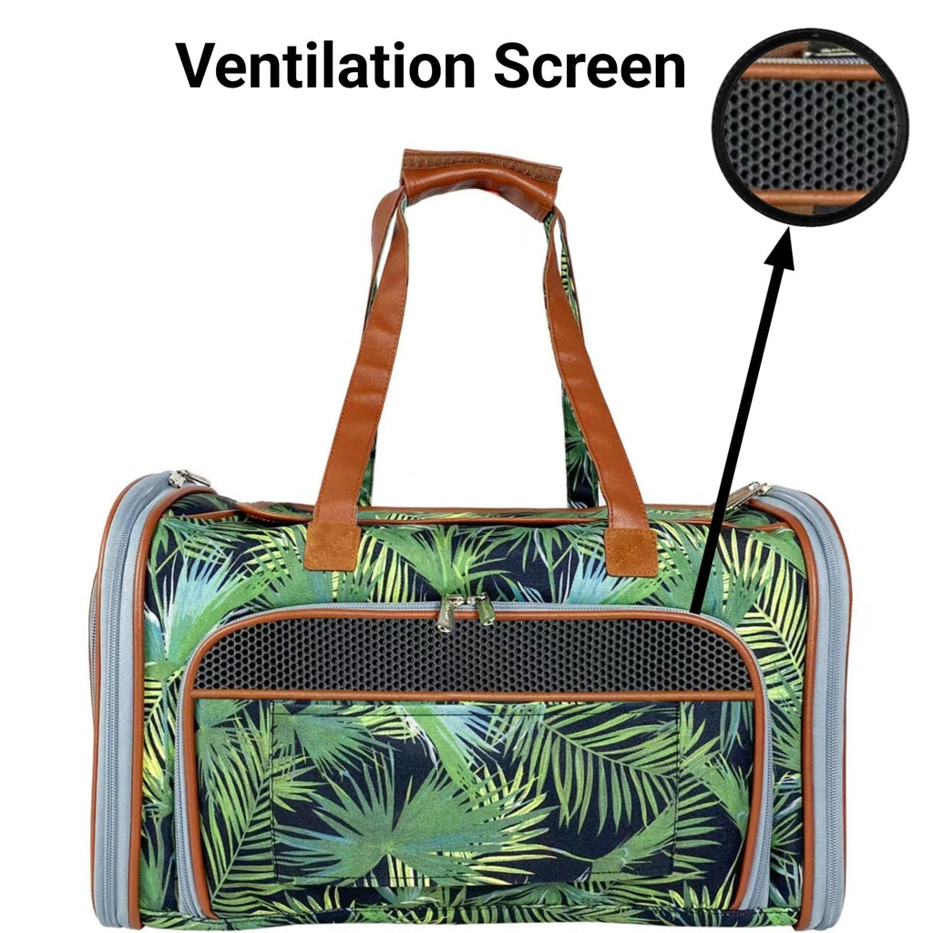 Expandable pet carrier, camo print with front mesh ventilation screen and brown handle