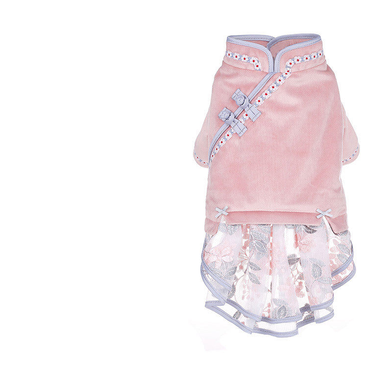 Pet cat clothing pink velvet-style outfit with pink trim and layered tulle skirt