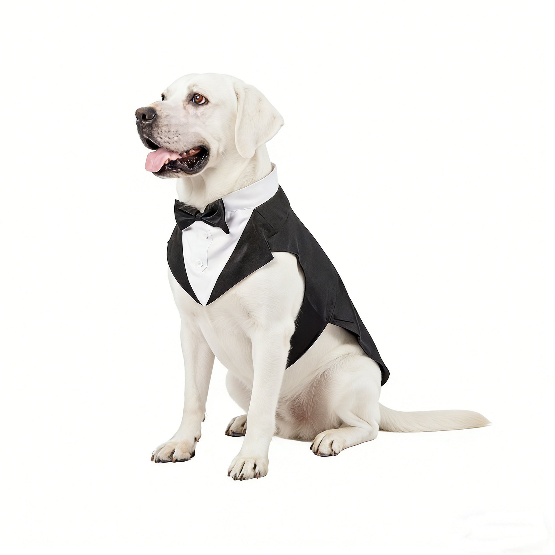 Dog tuxedo set with black jacket, white bib, and bow tie