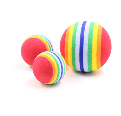 Rainbow plush pet play balls, red fuzzy with multicolor stripes; set of 3