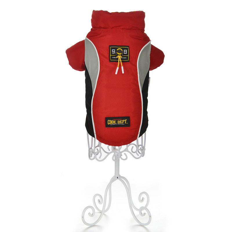 Red cotton pet top back view with gray side panels and black accents, logo patch