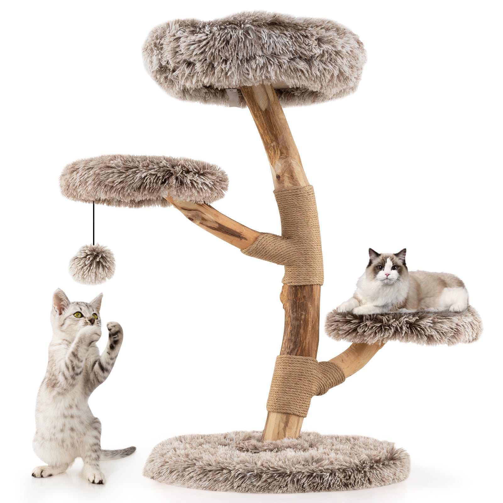 Cat tree with three gray plush platforms, sisal-wrapped posts, and hanging ball