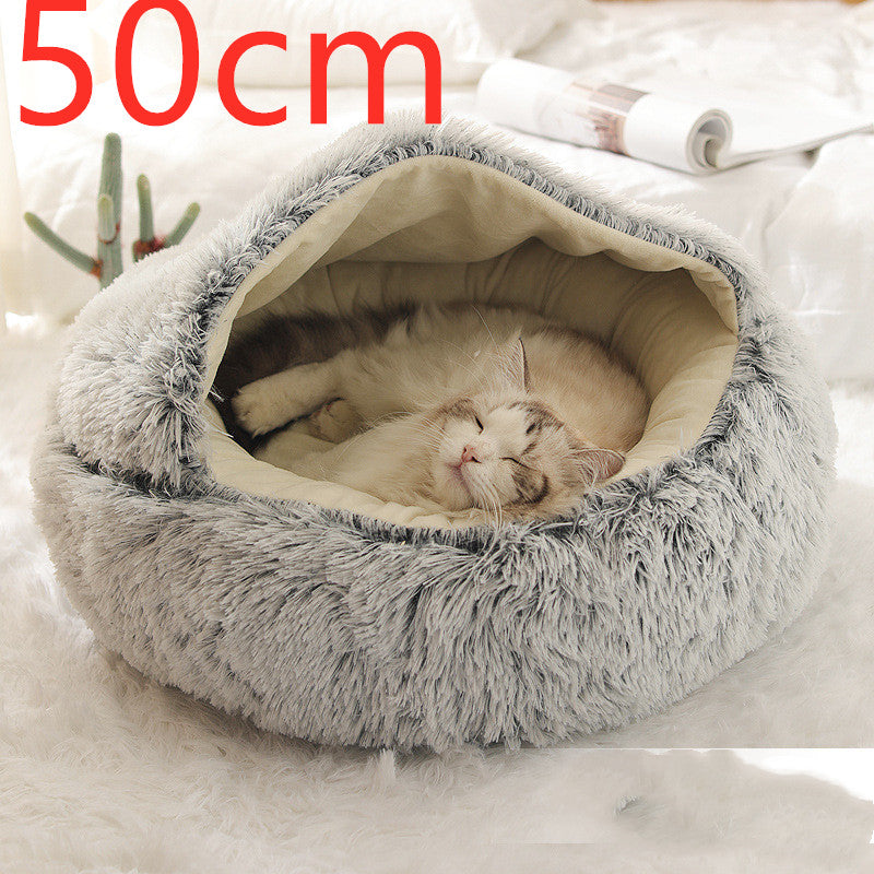 Grey round plush pet bed house with beige inner nest for cats and dogs, pet sleeping.
