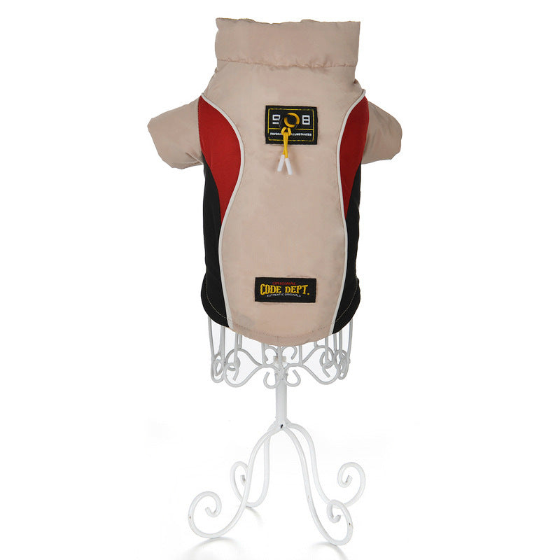 Beige cotton pet top back view with red side panels and black accents, logo patch