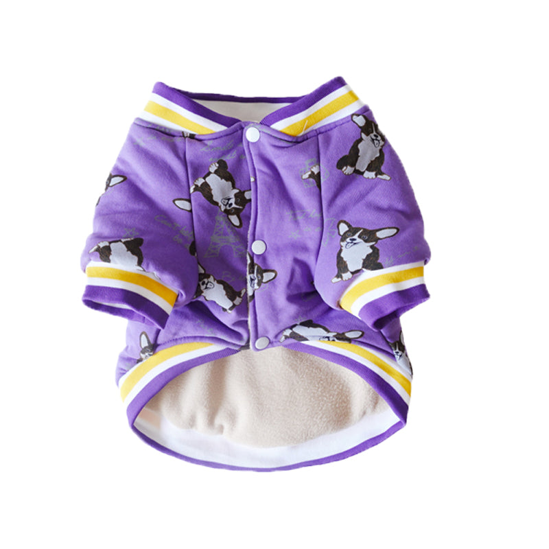 Light purple dog coat with button front, dog graphics, striped collar and cuffs