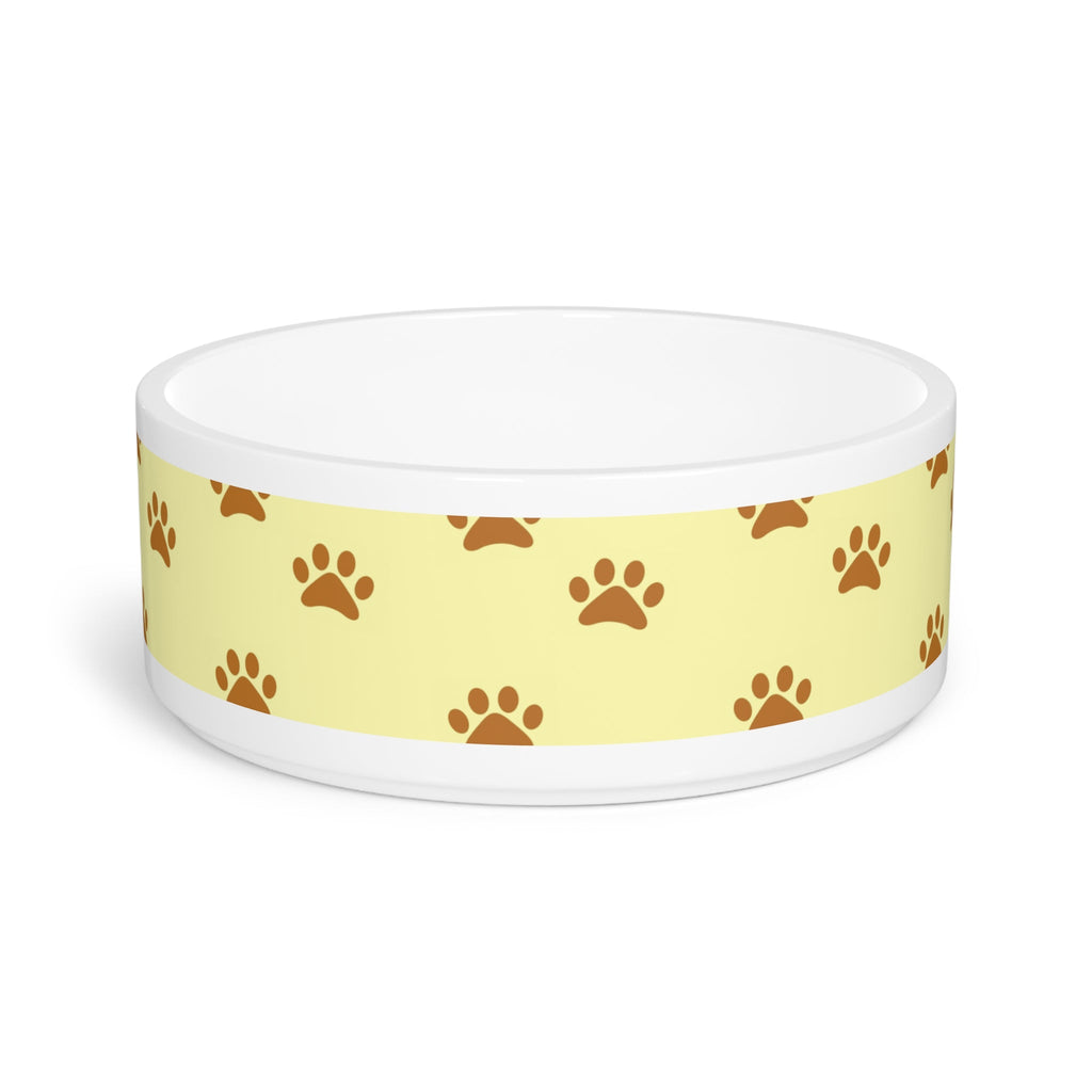 Golden Pawprints on Buttercream Sky Pet Bowl — Ceramic, 16oz, Dishwasher-Safe