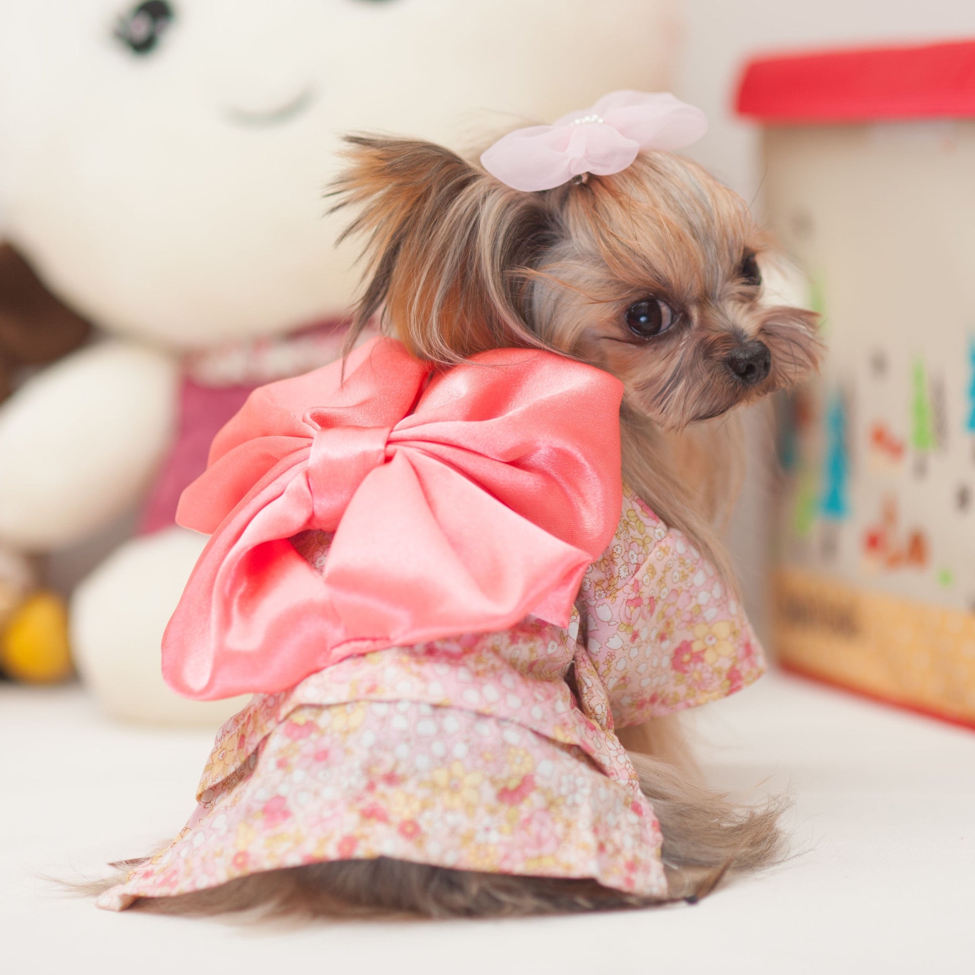 Dog kimono dog clothes in light floral fabric with pink satin bow detail