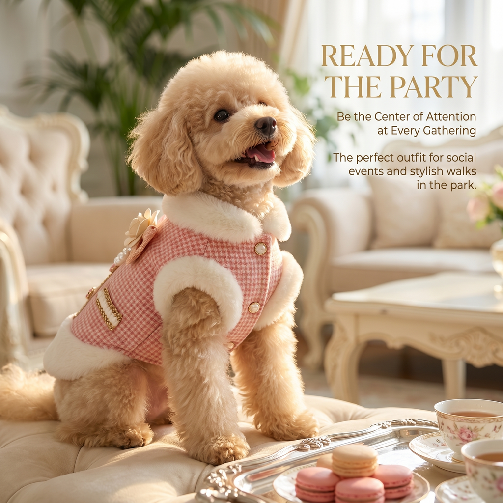 Pink tweed dog coat vest with white faux fur collar and decorative pearl accents