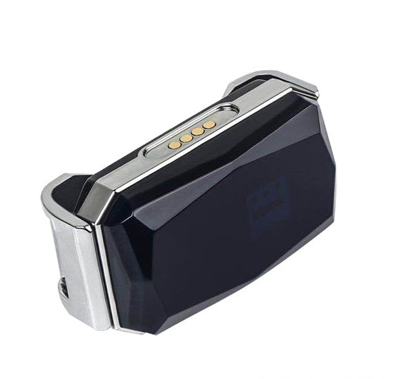 Black GPS tracker collar device with silver frame and side charging contacts