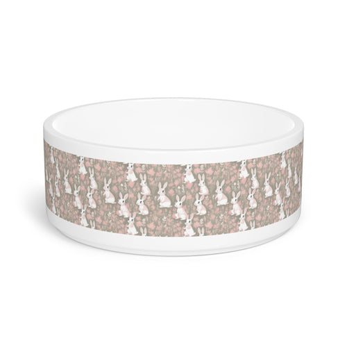 White ceramic pet bowl with full rabbit parade pattern band