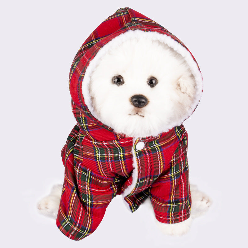 Red plaid hooded dog sweater with green accents, white fleece lining, and buttons.