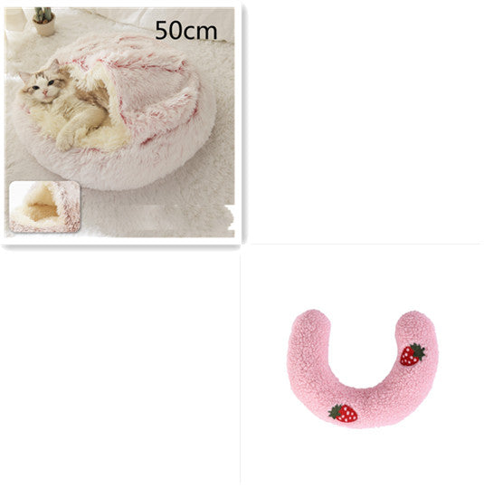 U-shaped plush pet cushion in pink with strawberry embroidery