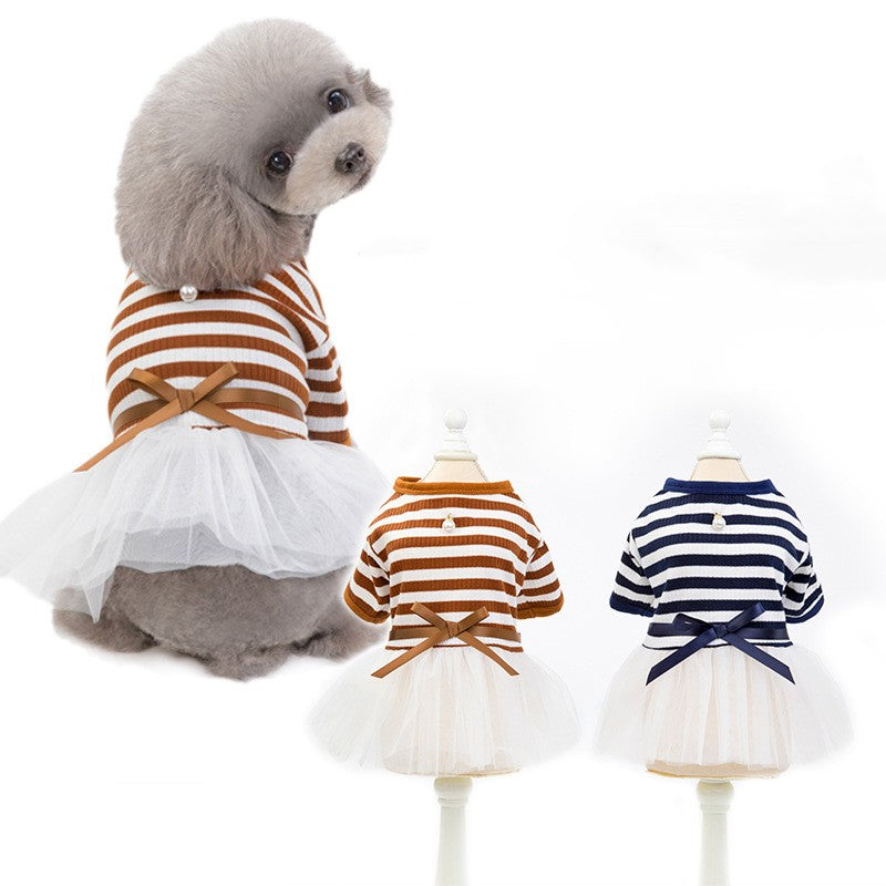 Coffee and navy striped pet skirts with white tulle, bows, and button details