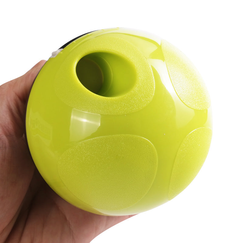Green pet treat dispenser ball with large opening, side view