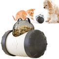 Interactive treat-dispensing wheel toy with clear top and dark gray-and-white ball body