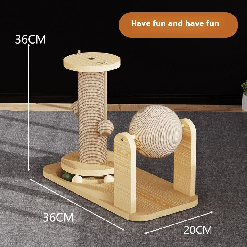 Wood cat turntable scratch toy with spiral sisal post, ball catcher, and circular platform