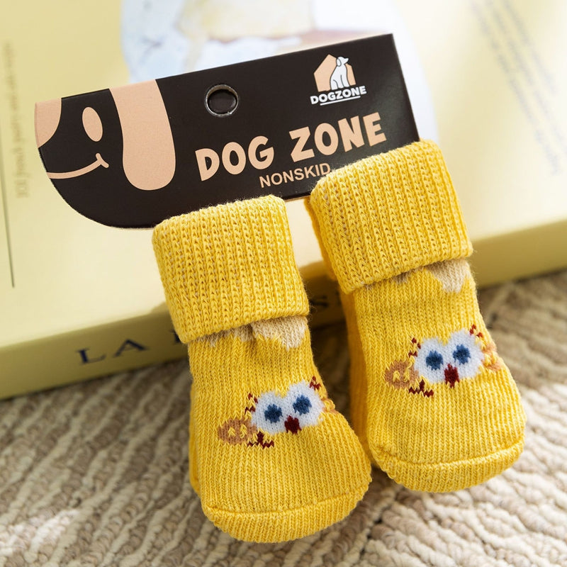 Yellow dog socks with a bee knit design on the front and ribbed cuffs