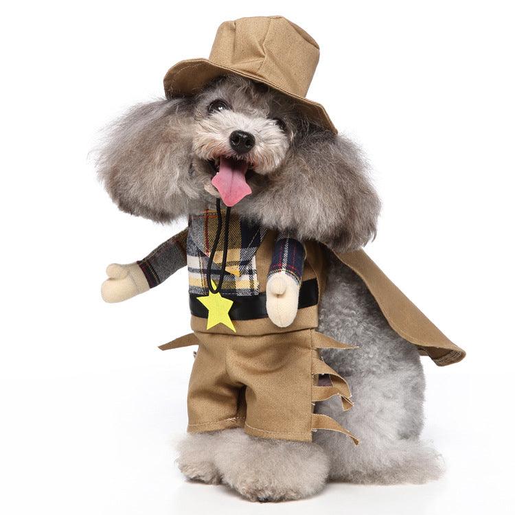 Dog cowboy costume with tan hat, plaid vest, and yellow star belt