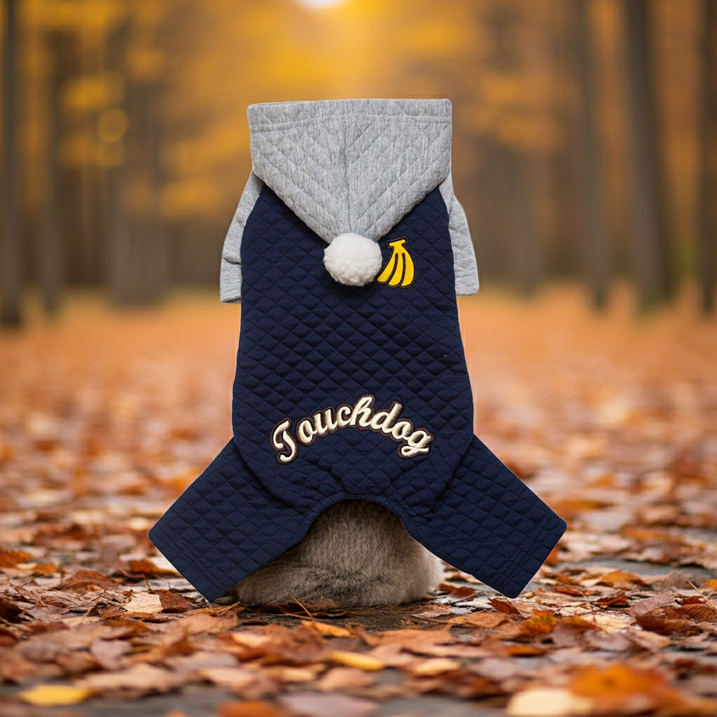 Touchdog quilted hooded full-body dog sweater, dark navy with gray hood pom