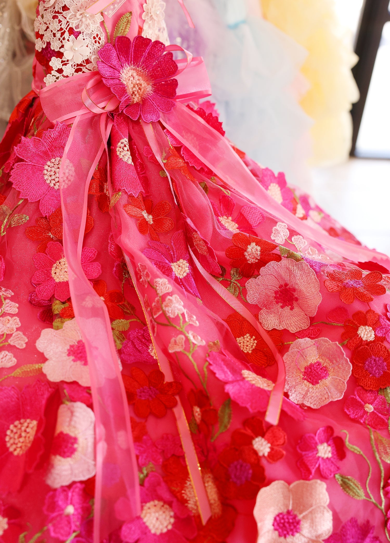 Handmade Rosy Bloom Princess Couture Dog Dress – Hot Pink Floral Embroidery Wedding Gown with Long Train