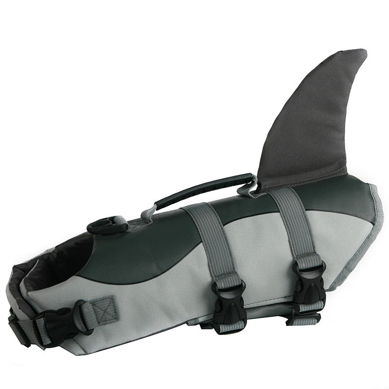 Dog life jacket with gray fin hood and green-gray panels, adjustable webbing straps