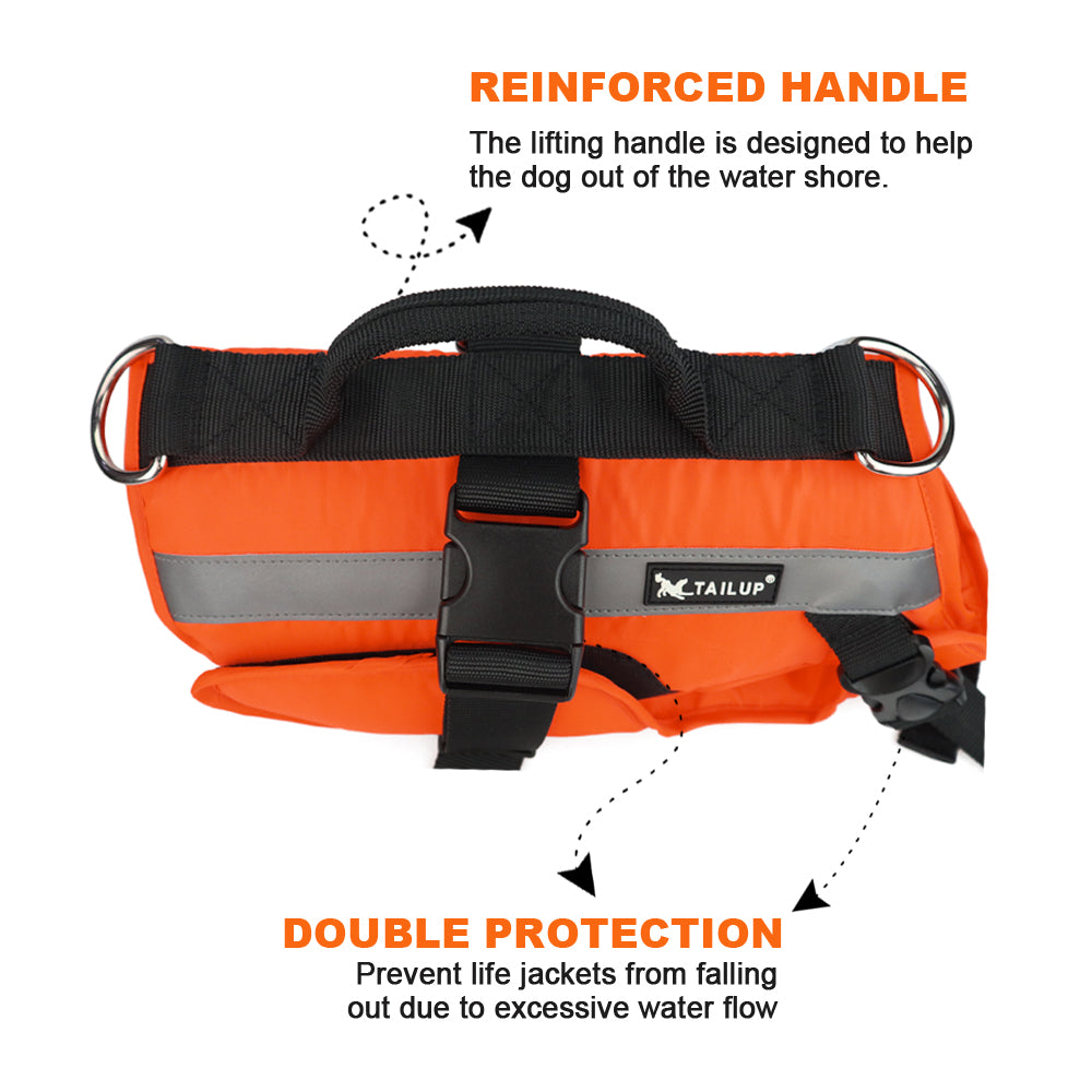 Orange dog life jacket vest with reinforced carry handle, reflective panels, and secure straps