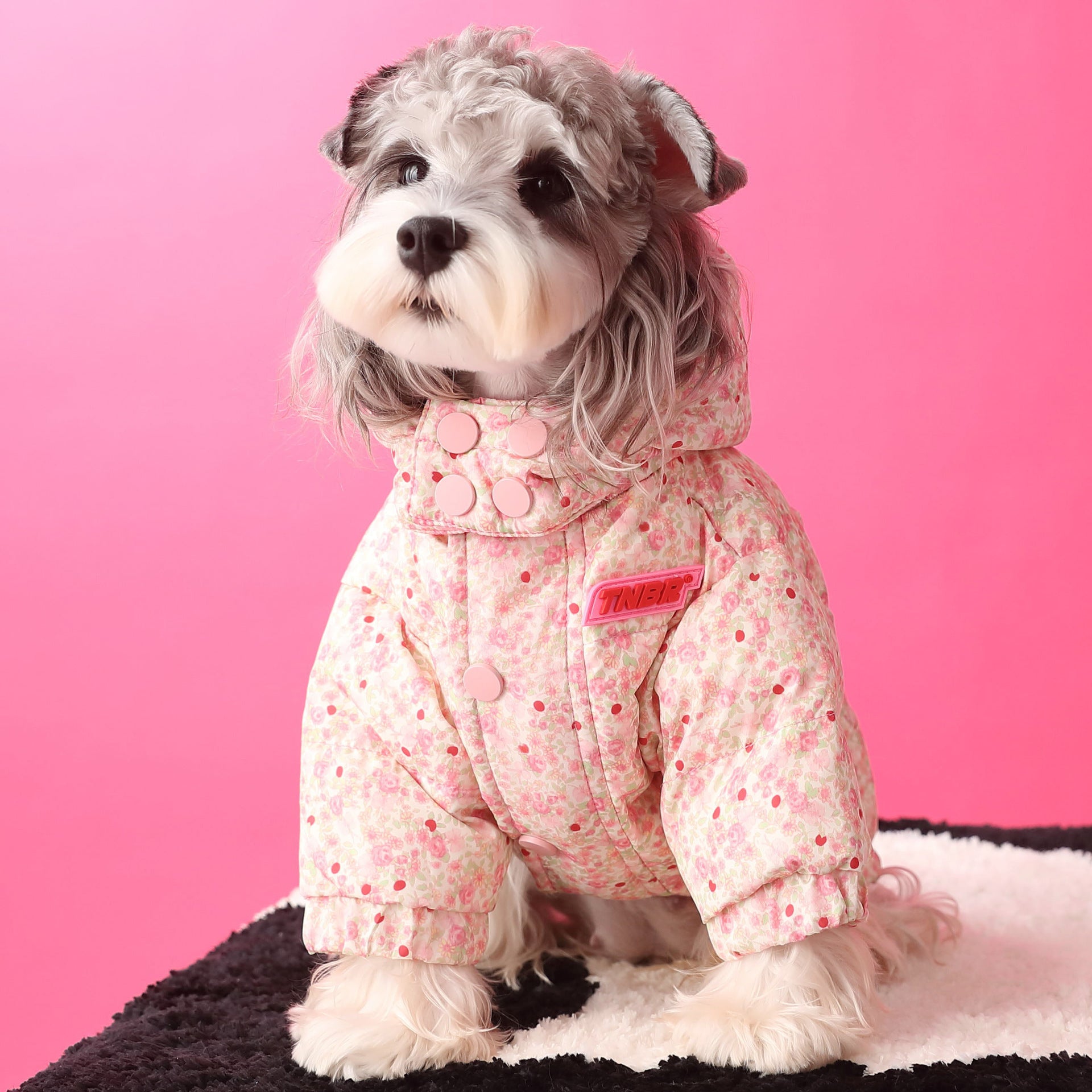 Floral pet down jacket, pink hood with round button detail on the front