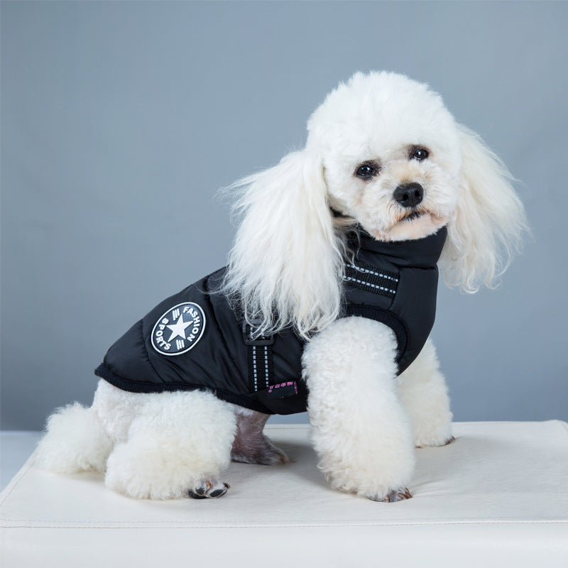 Dog waterproof puffer coat with built-in harness, black, sitting pose