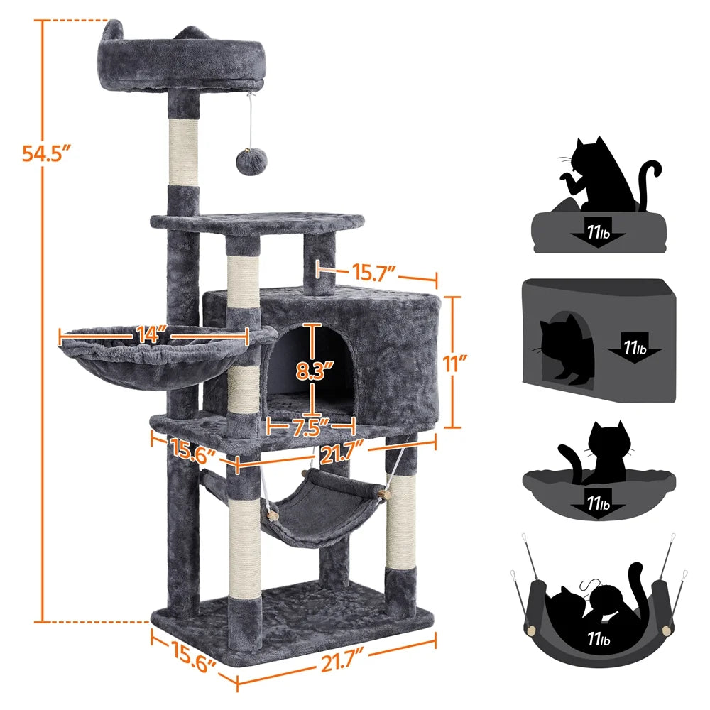 Dark gray cat tree tower with platforms, cubby hideout, and hammock—measuring view
